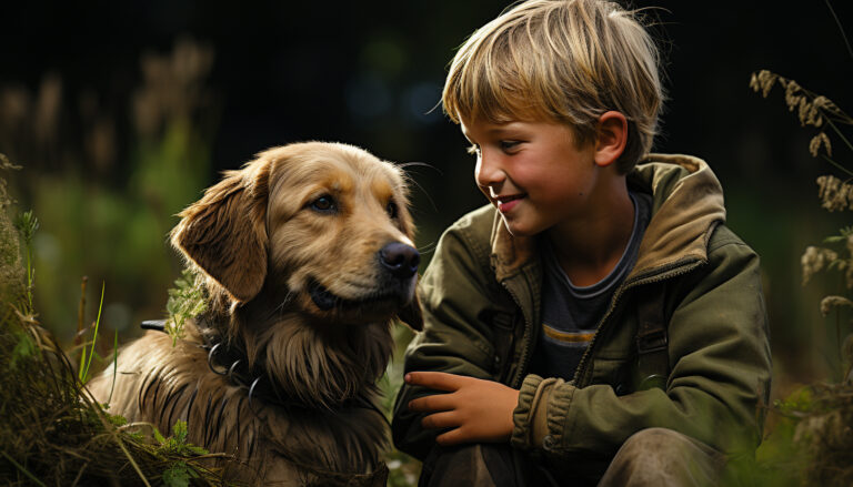 A calm therapy dog named Max sitting beside a child in a cozy room, symbolizing the healing connection of animal-assisted therapy.