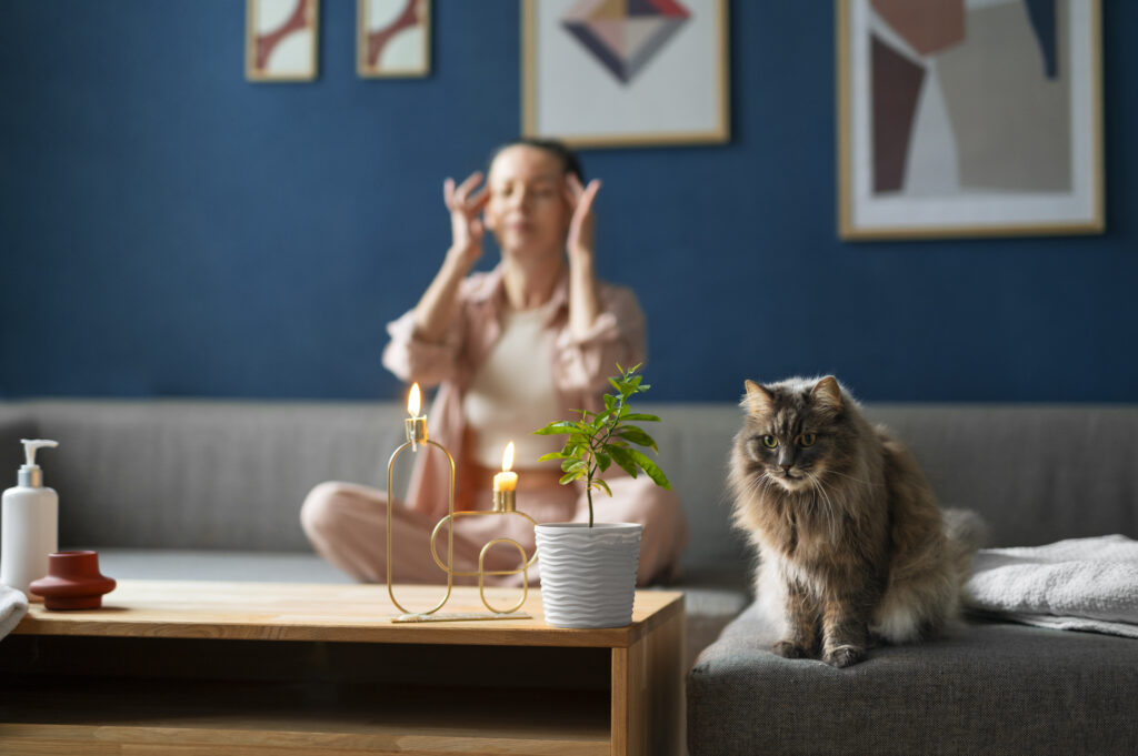 A person practicing mindful breathing with a therapy animal, enhancing their Zoothérapie morning routine.