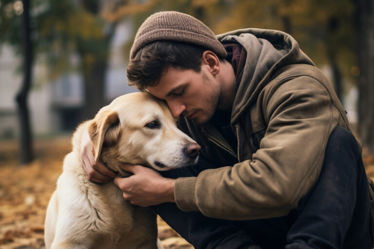 Illustration of a therapy dog providing comfort to a person, symbolizing the benefits of Zoothérapie and animal-assisted therapy.