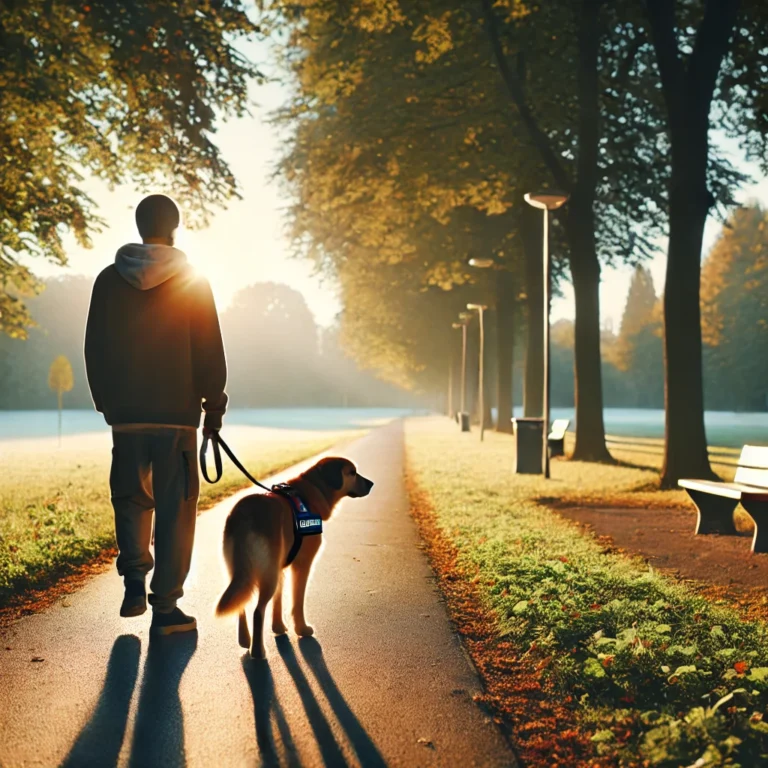 A person walking a psychiatric support dog in a peaceful park.