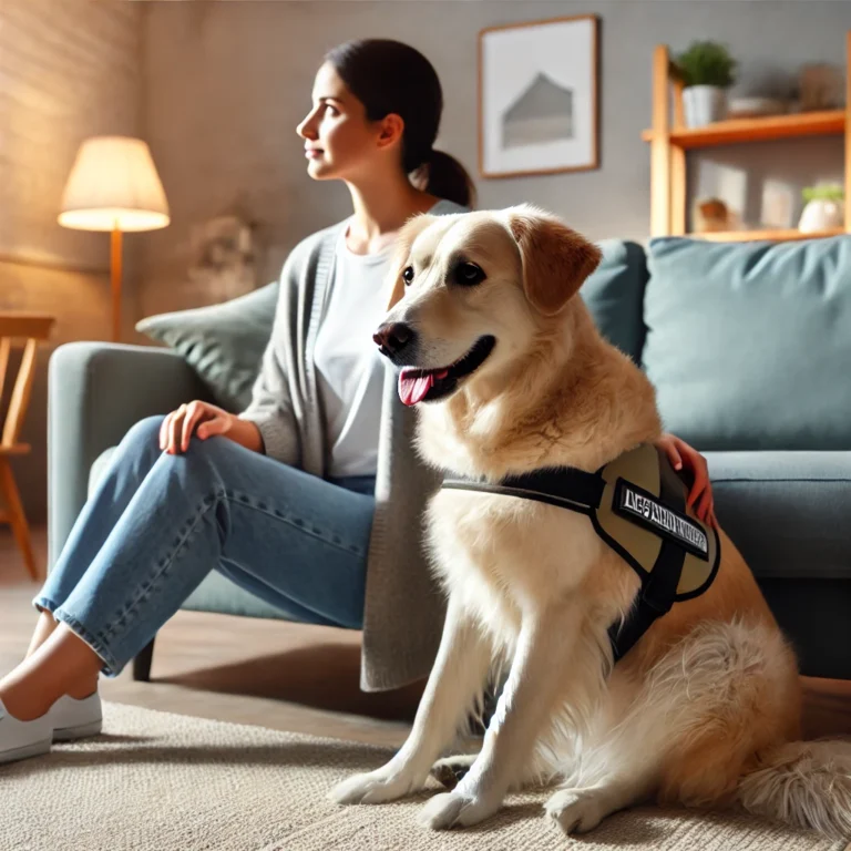 A calm emotional support dog sitting beside a relaxed person.