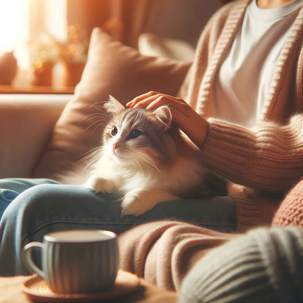 A person sitting with a relaxed cat on their lap in a cozy home setting.