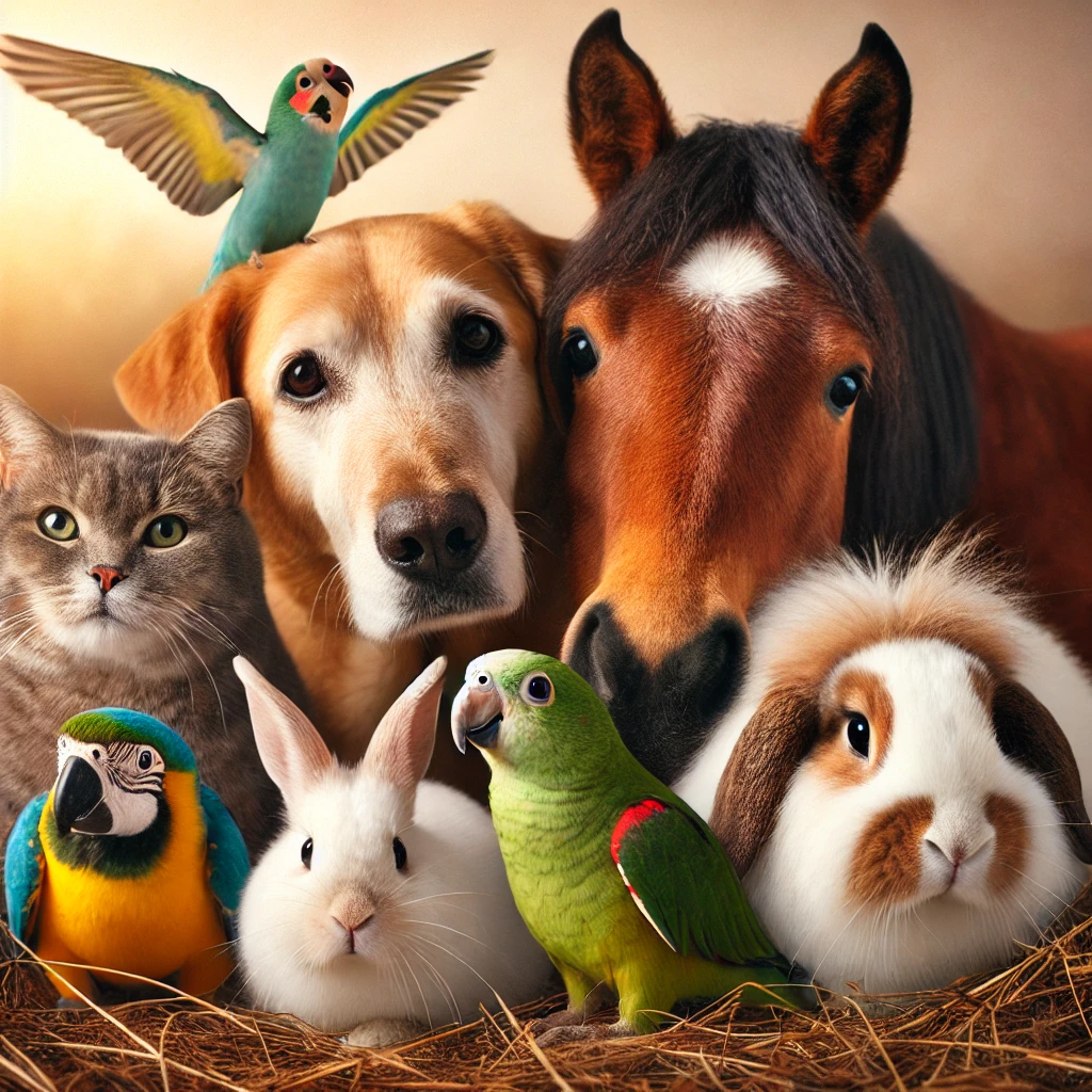 A peaceful scene featuring a dog, cat, rabbit, guinea pig, horse, and parrot together in a natural setting.