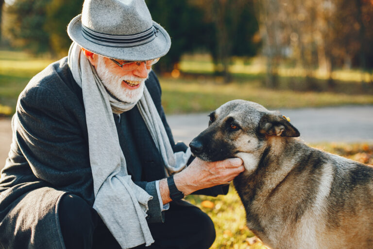 Veteran with PTSD and service dog enjoying peaceful moment in a park, symbolizing the therapeutic benefits of emotional support animals for mental health.