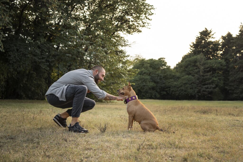 Man interacting with a therapy dog, illustrating the bond and training needed for effective AAT.