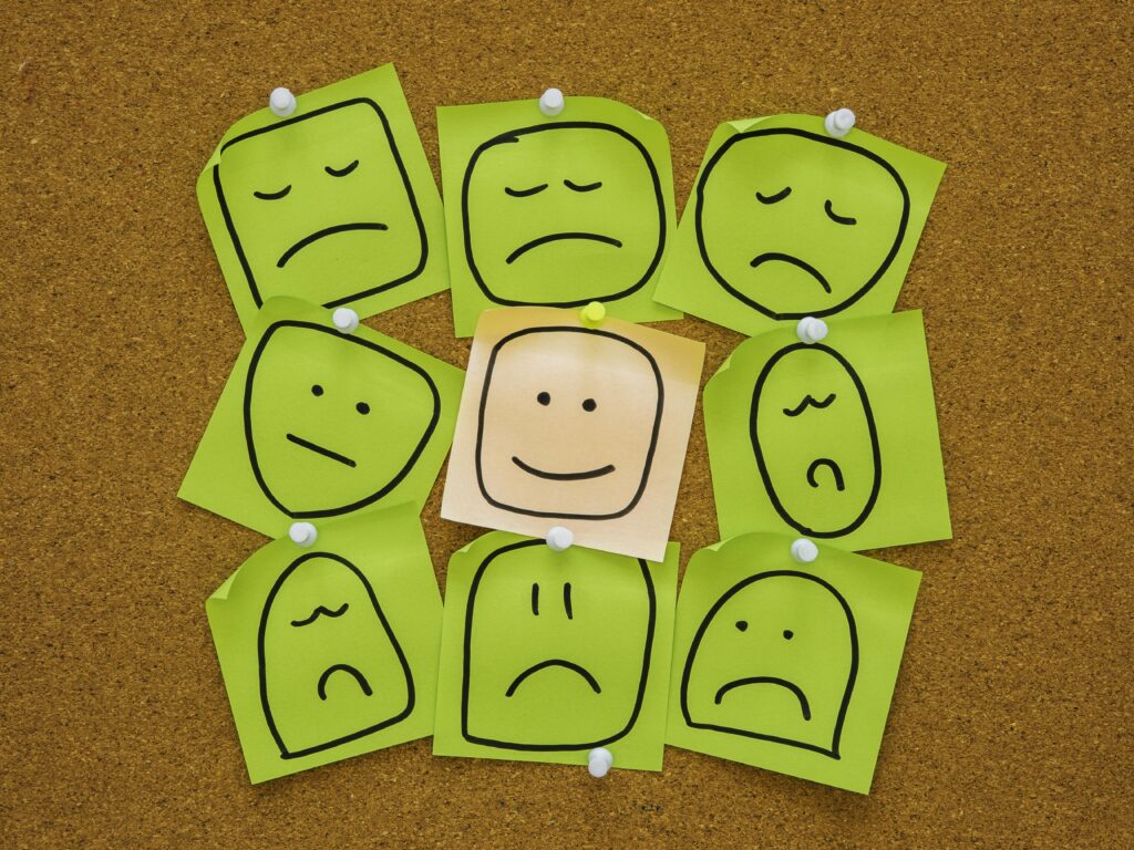 Sticky notes illustrating the emotional phases of bipolar disorder, highlighting mood swings and emotional highs and lows.