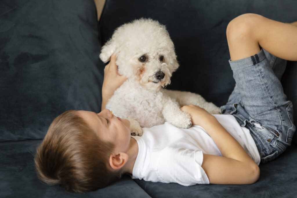 Child playing with a dog that doesn’t shed for allergy-friendly companionship