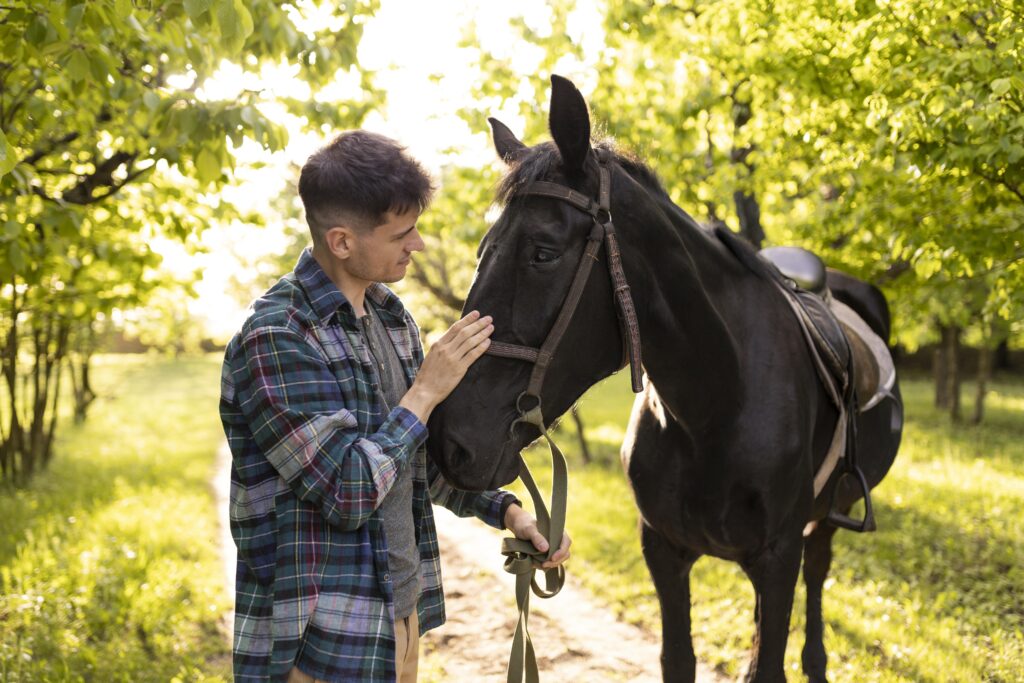 A man gently petting a black horse in a sunny outdoor setting.