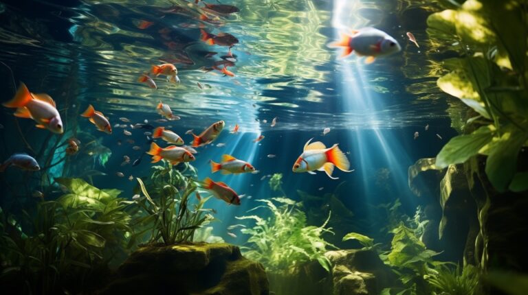 Fish therapy in a peaceful underwater scene with colorful fish swimming among plants and sunlit waters.